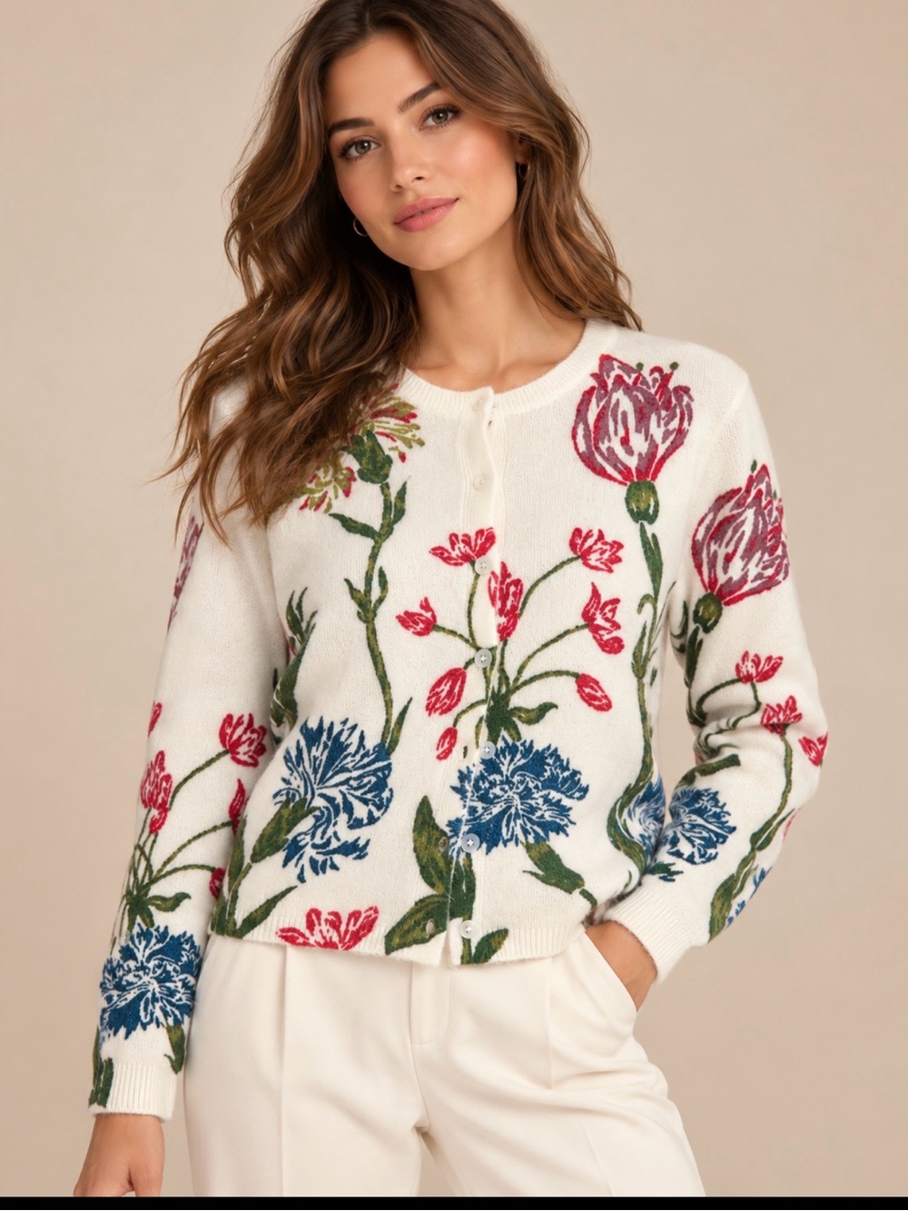 C.C Cream Floral Button-Front Cardigan with Pink and Blue Blooms